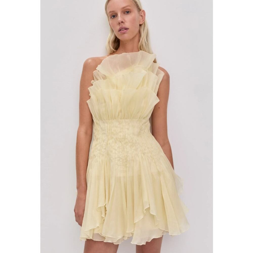 NWT Aje. Pastel Yellow Nisha One Shoulder Ruffle Mini Dress Womens US 4